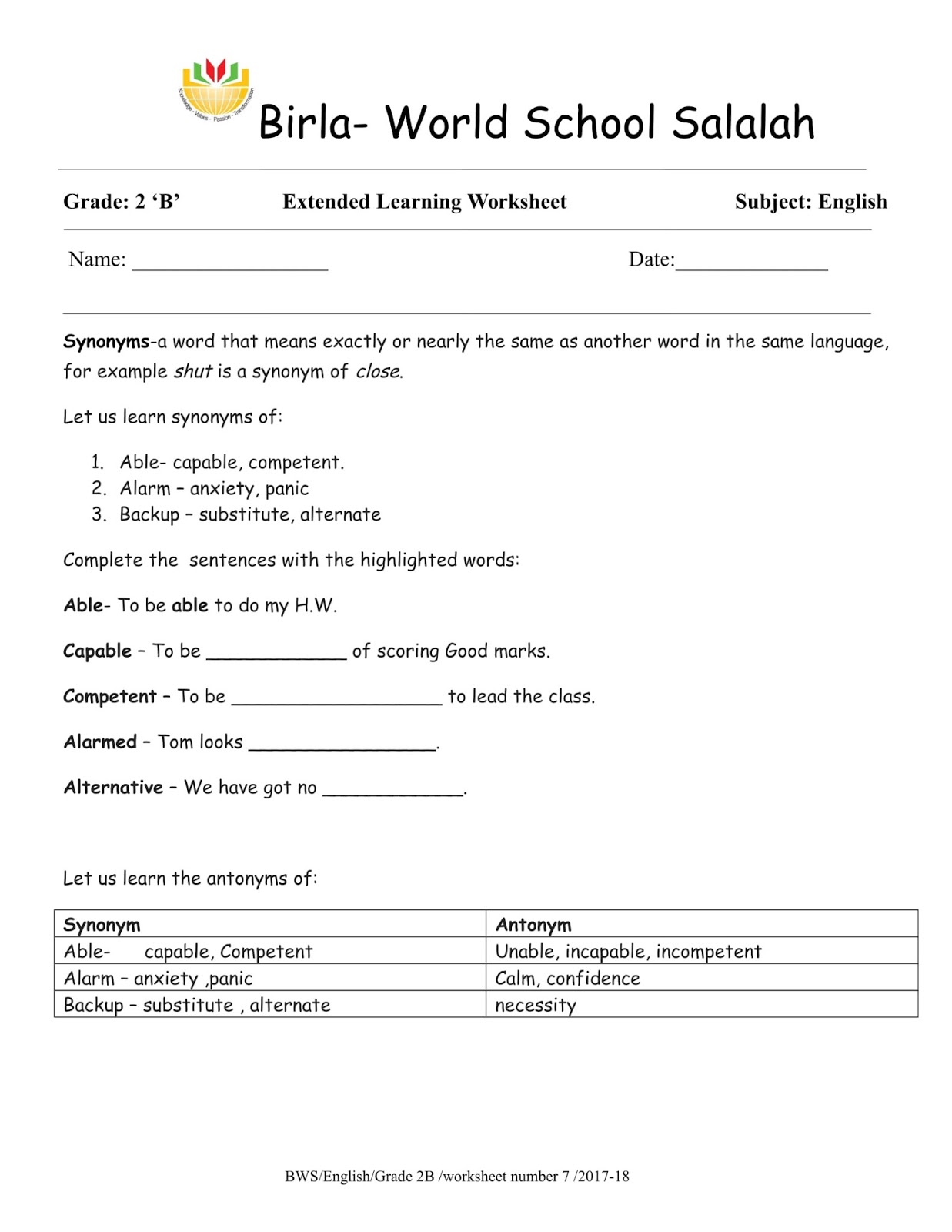 Birla World School Oman: Homework for Grade 2 as on 02/11/2017