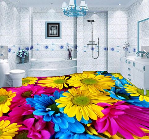 epoxy painted floor for bathroom with 3D floral flooring murals 