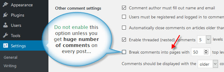 Comment settings for WordPress