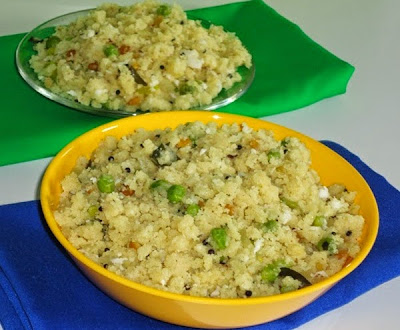 rava upma with green peas in a serving bowl