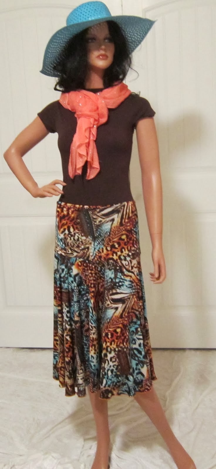 Orange and Turqouise Abstract Animal Print Full Stretch Knit Jersey Circle Skirt