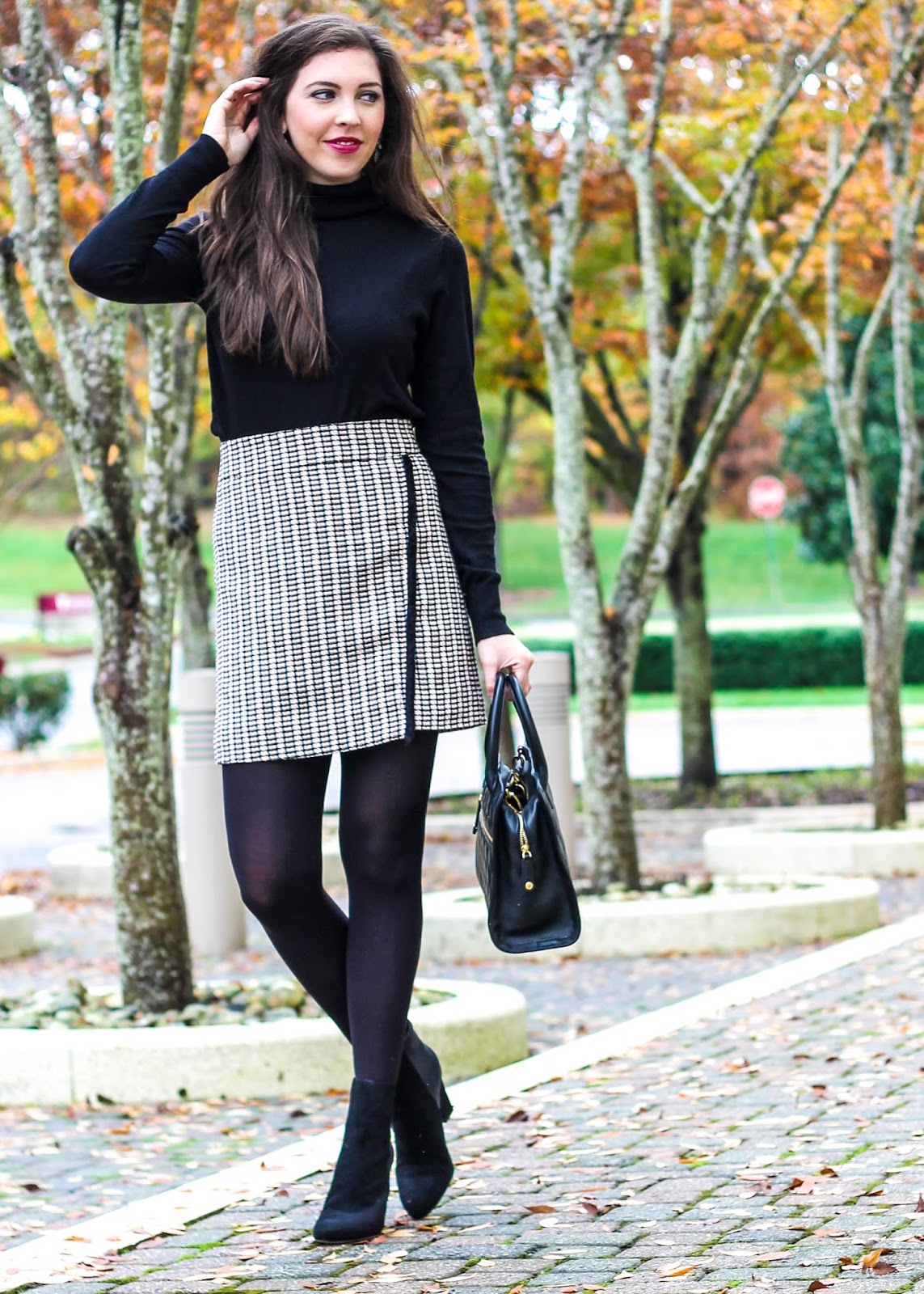 Tweed Mini Skirt, Highwaisted Skirt, Classic Look for fall, work appropriate outfit for fall, work appropriate outfit for winter, winter outfit, cute thanksgiving outfit, black turtleneck sweater, jcrew skirt, black suede ivanka trump booties, vera bradley satchel, fashion blogger, fashion blog, style blogger, pretty in the pines, black tights with skirt, fall trends, winter trends