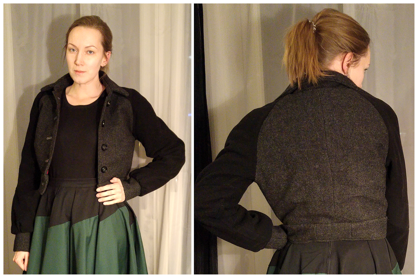 Sew Scoundrel Waist length jacket from two recycled coats