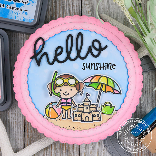 Sunny Studio Stamps: Beach Babies Hello Word Die Fancy Frames Sunshine Circle Card by Juliana Michaels