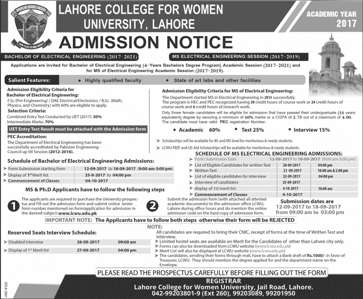 Admissions Open in Lahore College for Women University - 2017 Admissions Open in Lahore College for Women University - 2017