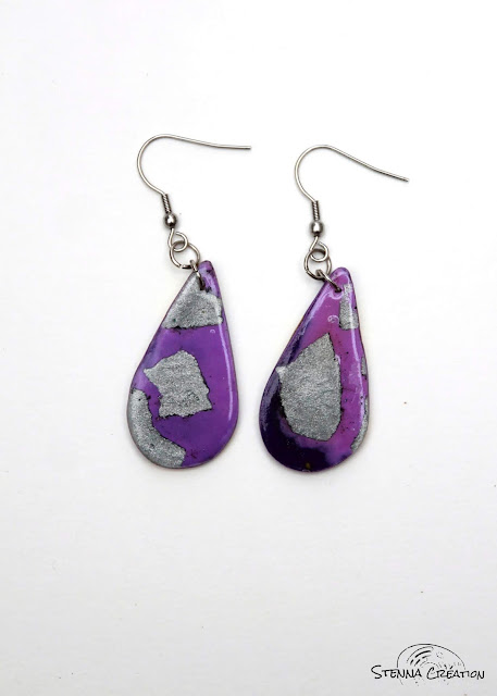 Boucles oreilles pâte polymère tache violet jaune argent Stenna Création