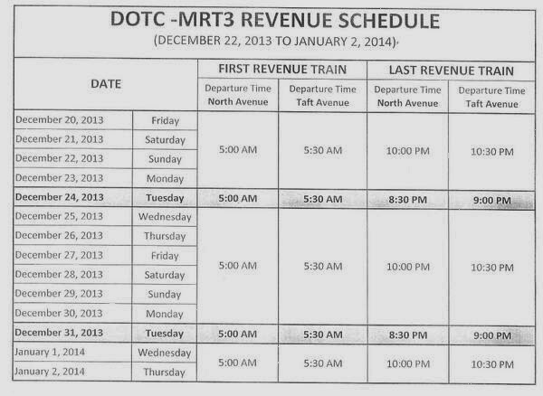 MRT schedule Holidays 2013, New Year 2014