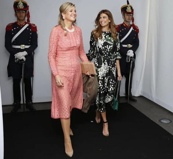 Queen Maxima wore Elie Saab Guipure Lace Dress. Argentina's First Lady Juliana Awada and US First Lady Melania Trump