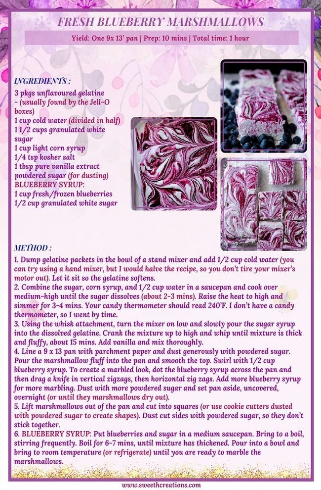 FRESH BLUEBERRY MARSHMALLOWS RECIPE Vibrant blueberry simple syrup to marble over the gooey marshmallow goodness. It was a good decision! #sweetnesshavencreations #homemade #dessert #dessertrecipes #bestdessertrecipes #marshmallow