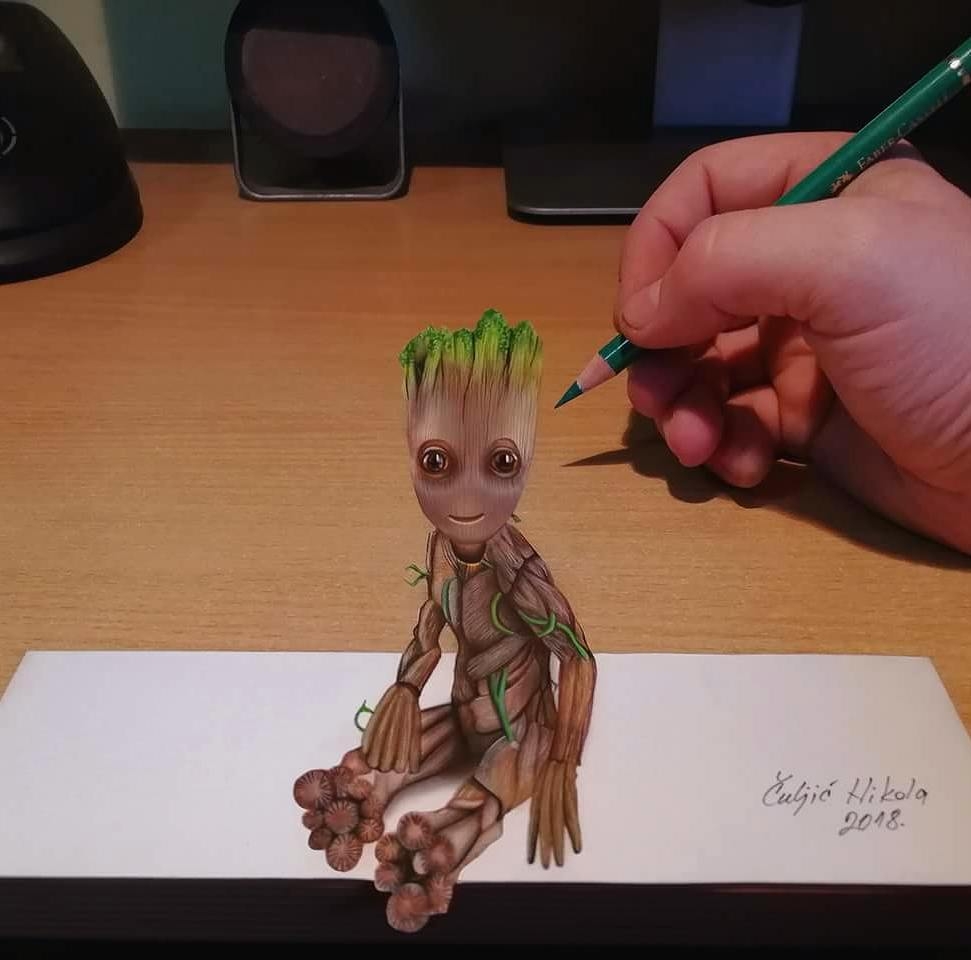 08-Baby-Groot-from-Guardians-of-the-galaxy-2-Nikola-Čuljić-2D-Realistic-Drawings-that-look-3D-and-a-Video-www-designstack-co