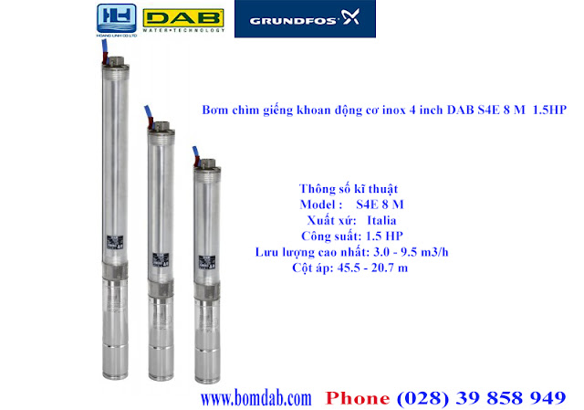 Bơm chìm giếng khoan động cơ inox 4 inch DAB S4E 8 M 1.5HP Bơm chìm giếng khoan động cơ inox 4 inch DAB S4E 8 M 1.5HP