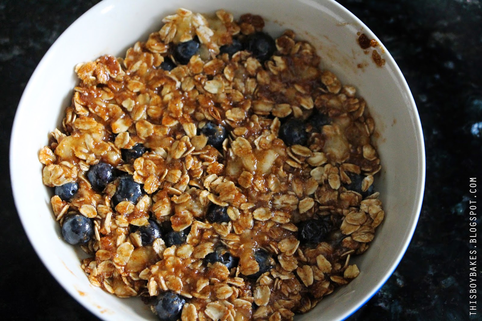 this boy bakes MICROWAVE BLUEBERRY BANANA OAT CAKE