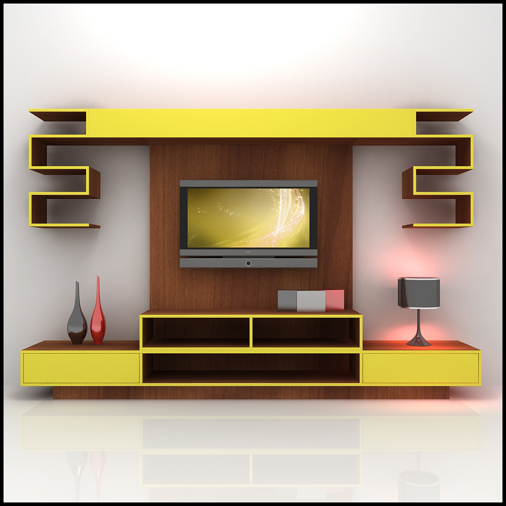 3D Model Yellow and Wood TV Wall Unit Design  Furniture for 