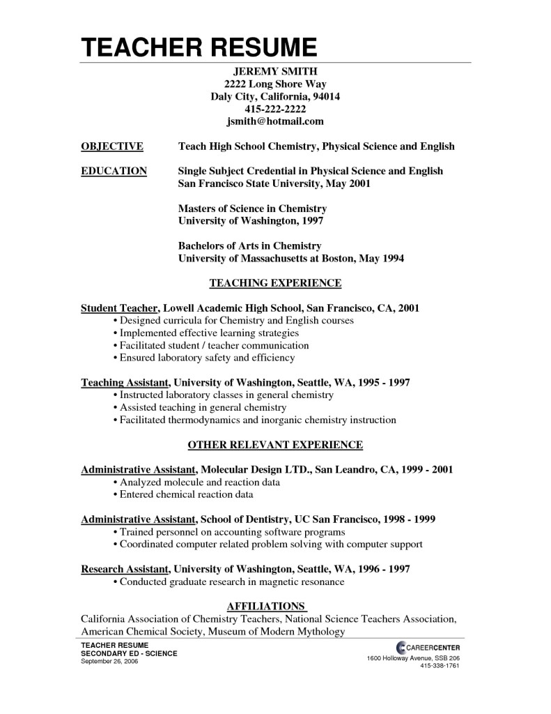 Resume Format For Teachers