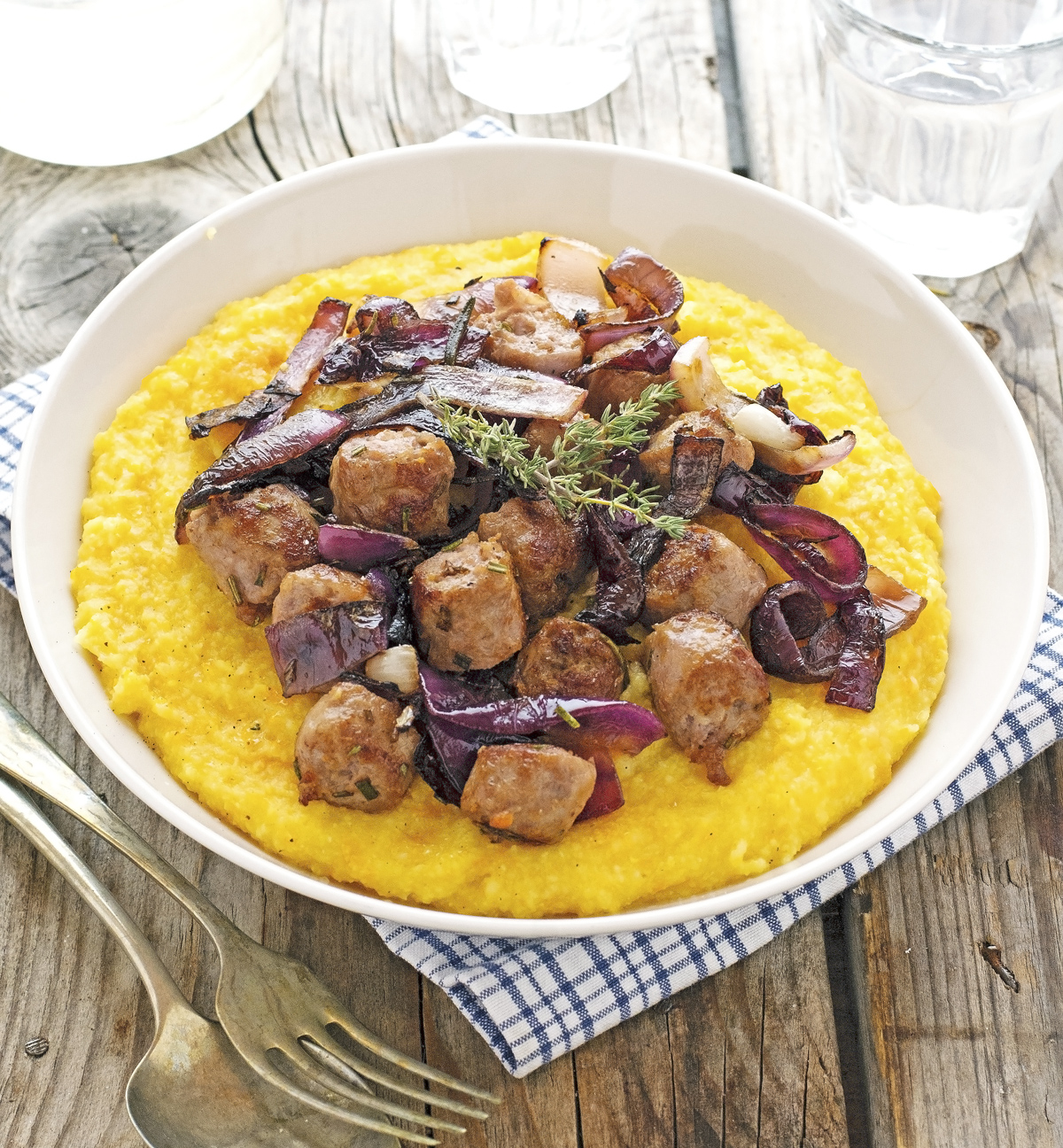 Butternut Squash Polenta with Crispy Sausage and Caramelized Onions