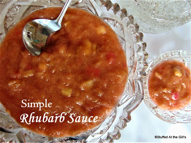 Simple Rhubarb Sauce in a crystal serving dish.