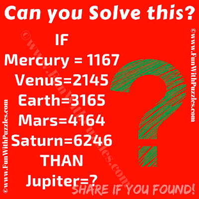 If Mercury=1167, Venus=2145, Earth=3165, Mars=4164, Saturn=6246 Than Jupiter=?. Can you solve this Ultimate Brain Teasing Puzzle?
