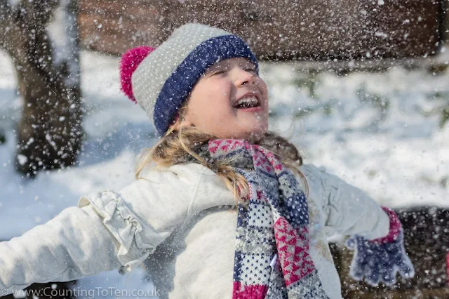 A young girl in hat, scarf, gloves and jumper who has just thrown snow up in the air so it is showering down on her