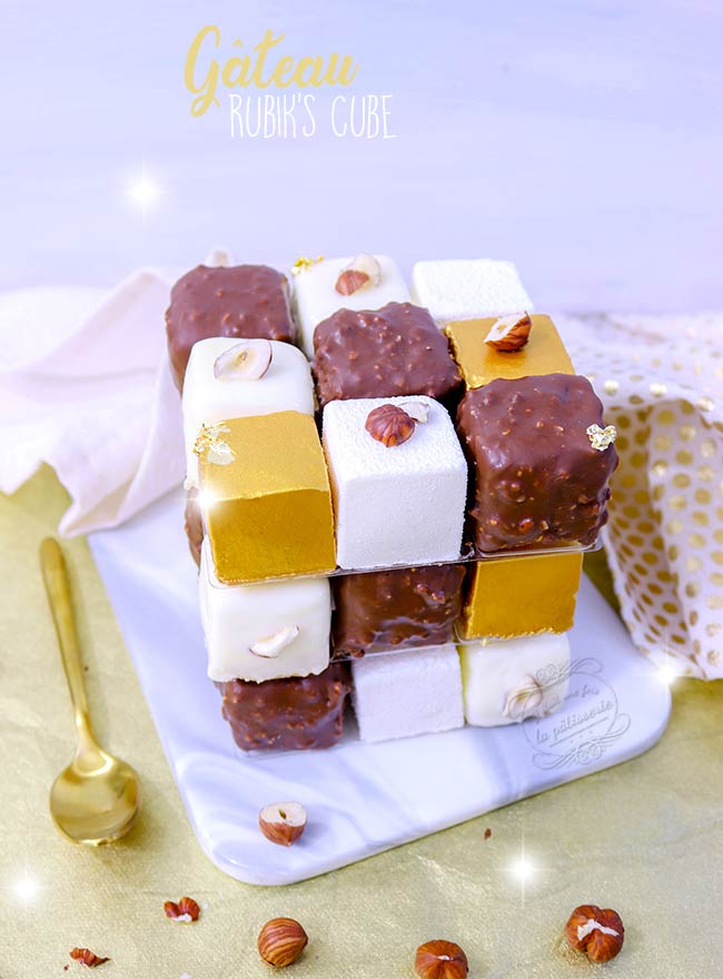 Gâteau rubik's cube praliné citron or et blanc : Il était une fois la  pâtisserie