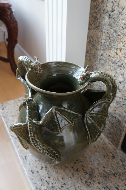 Huge hand thrown ceramic pot adorned in dragons, pottery by Lily L.