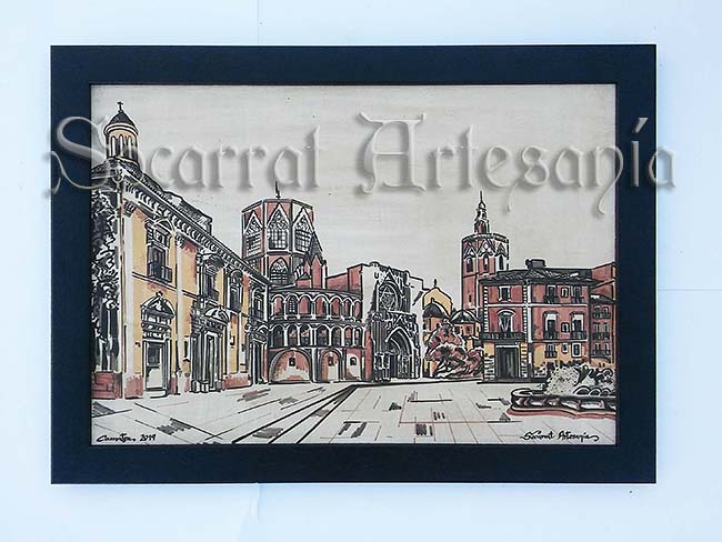 Plaza de la Virgen de Valencia Bello socarrat con la Basílica, la Catedral, el Miguelete y la Casa vestuario. Camateu. Socarrat Artesanía
