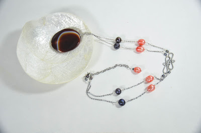 coral, peacock, pink, and brown pearl and stone long pendant necklace