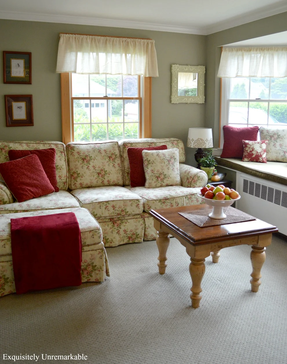 Cottage Decor Family Room with large floral sofa