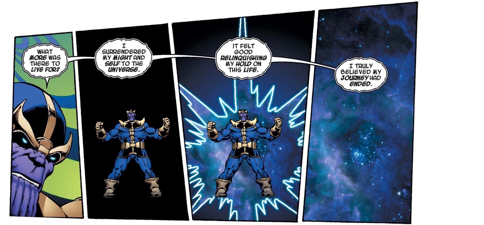 4 panels showing Thanos blinking out of existence as he describes having felt contentment than his ‘journey had ended’