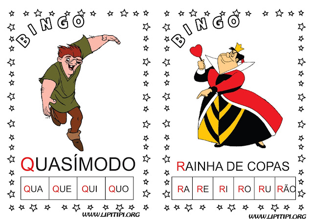 Cartelas Ilustradas com Personagens Infantis para Bingo com Sílabas