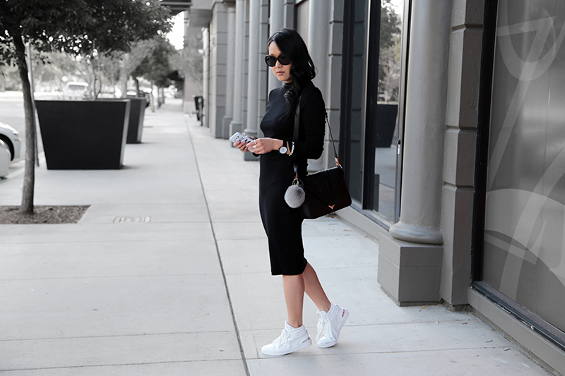 fitted dress and sneakers