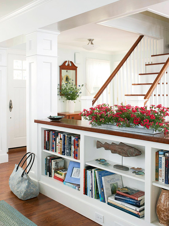 half wall with bookcases