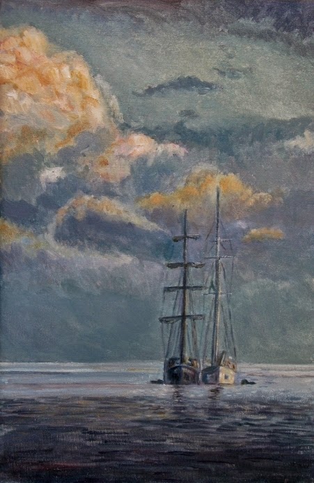 Olil on canvas o fSailboats alongside in the sea