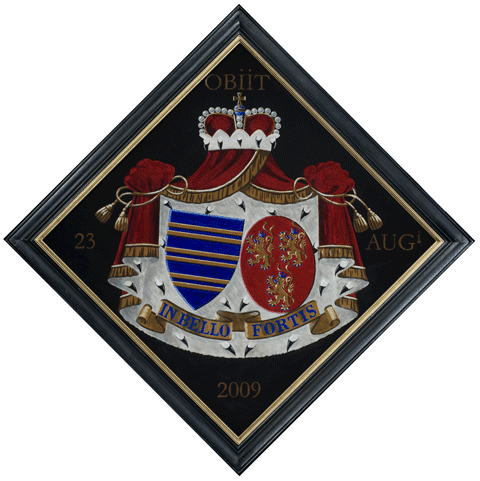 Obit Comte de Beauffort x de Liedekerke. Tableau armorié sur bois, 80 x 80 cm, de Liedekerke. Par Nolet de Brauwere.