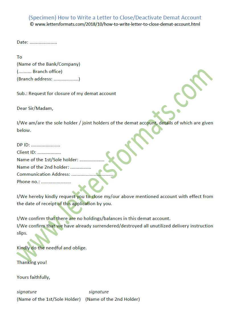Sample Letter for Closure Deactivation of Demat Account Throughout Account Closure Letter Template