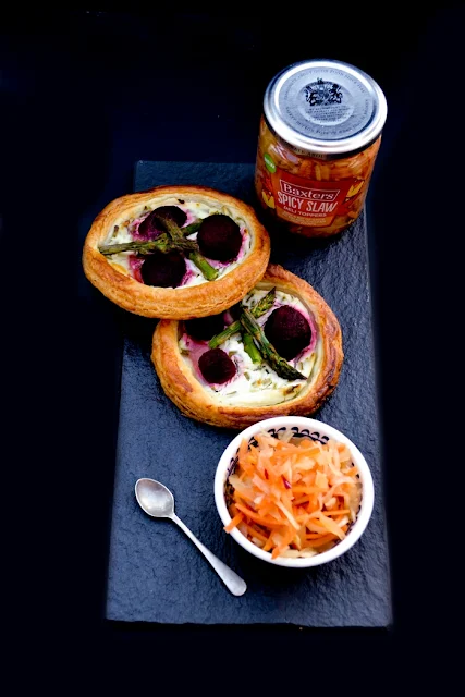 Easy Beet, Chive & Asparagus Puff PastryTarts served with Spicy Slaw