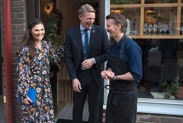 Crown Princess Victoria wore Gestuz Fally Multi-Color Day Dress, and Saint Laurent Sandals, and she carried By Malene Birger Dipple Clutch