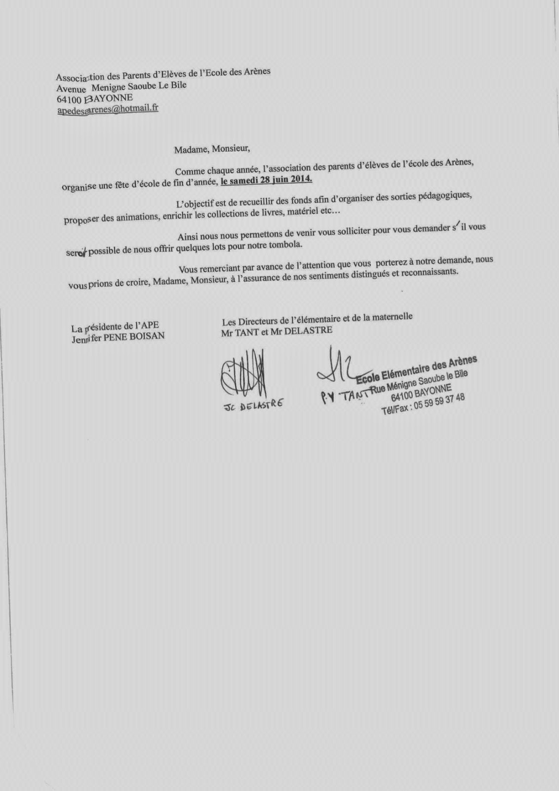 APE DES ARENES APPEL A VOTRE AIDE POUR LA TOMBOLA DE LA FETE DE L'ECOLE