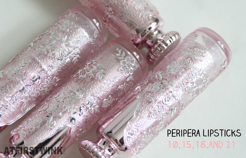 Review Peripera lipsticks 10, 15, 18, and 21 pink lace metallic pink tubes