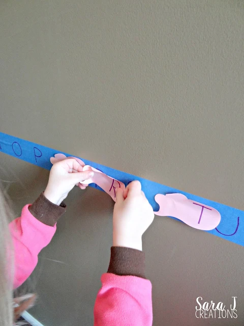 A low prep alphabet hunt that uses supplies you probably already have around the house.  Search for the letters around the house/room, match them up to the letters on the wall.  Easy fun!
