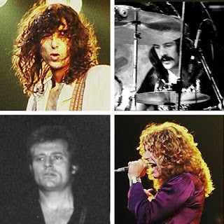 Montaje con cuatro fotografías de Led Zeppelin: Jimmy Page, John Bonham, John Paul Jones y Robert Plant. Fuente Wikipedia