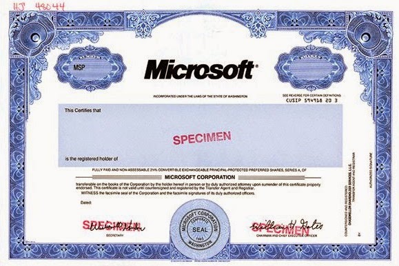 Microsoft share certificate with signature Bill Gates