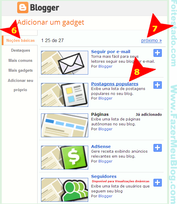 Escolhendo gadget ou widgets do blogger para um de meus blogspot ou site com sistema blogger
