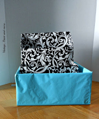 Vintage, Paint and more... wrapping paper added to boxes for a diy dish organizer