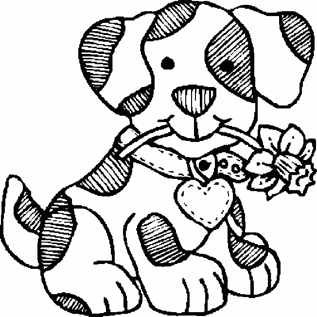Tranh tô màu chú chó đeo vòng trái tim và ngậm hoa
