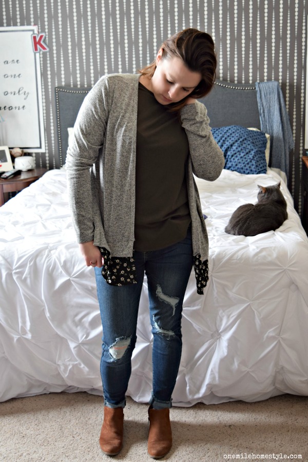 Stitch Fix Review #1 - Gray cardigan with black floral detail, olive green cold shoulder top, and distressed frayed hem skinny jeans
