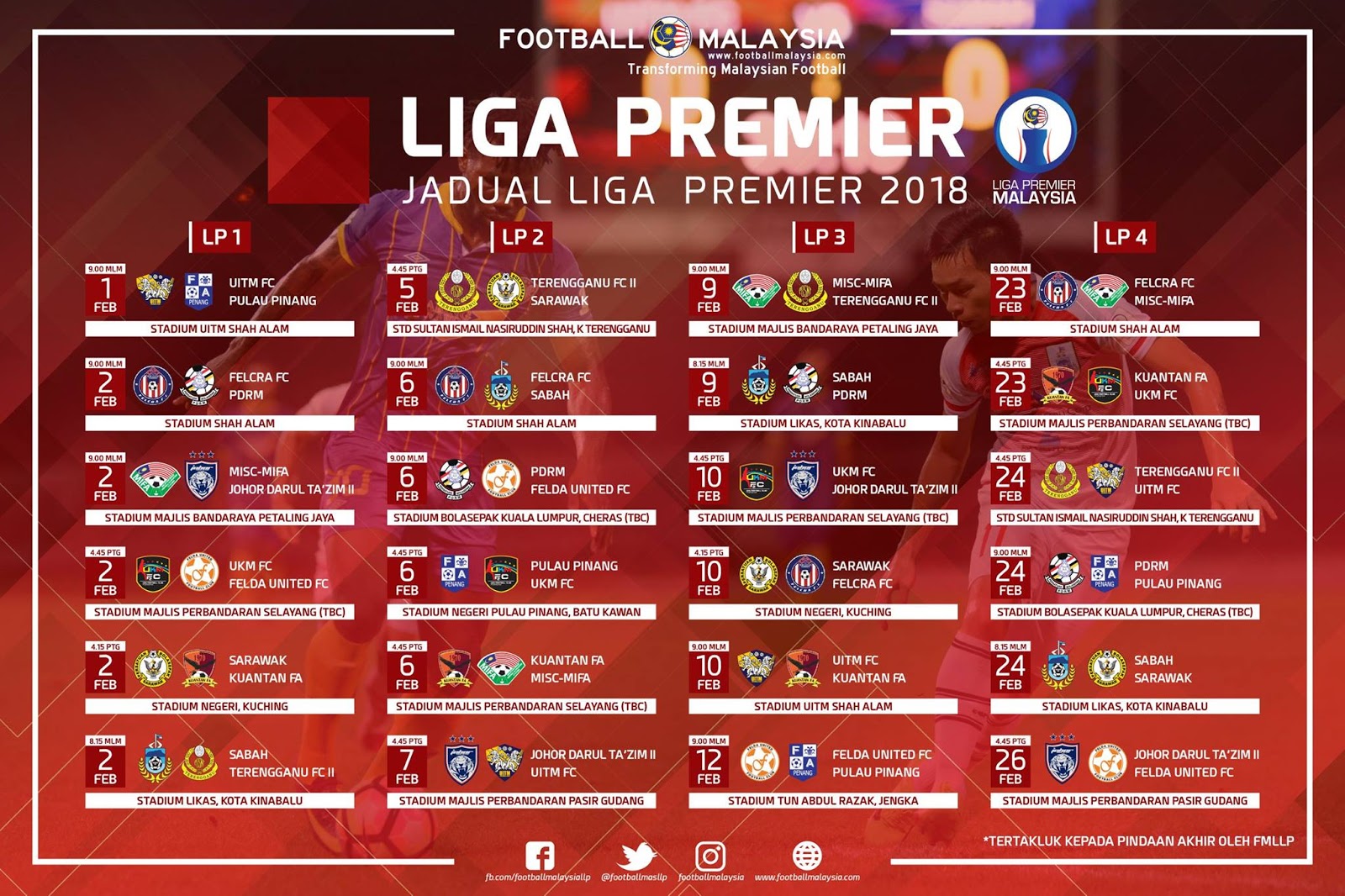 Jadual Perlawanan Liga Super dan Liga Perdana Malaysia Musim 2018