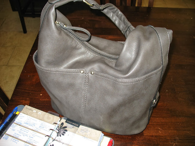 gray, purse, planner