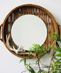 round mirror, upcycled, basket, bamboo steamer, repurposed, DIY, antlers, http://bec4-beyondthepicketfence.blogspot.com/2015/10/round-basket-mirror.html