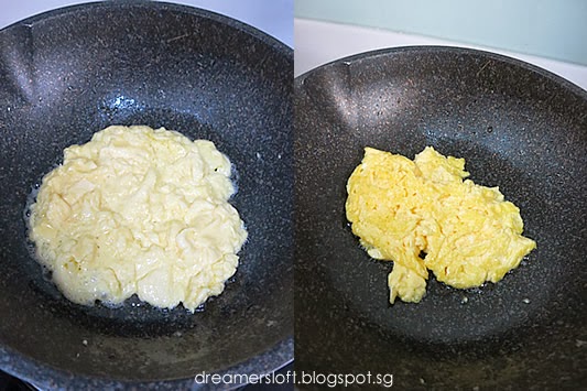Premium Photo  Scrambled, frying eggs from one egg in a small pan on  kitchen table