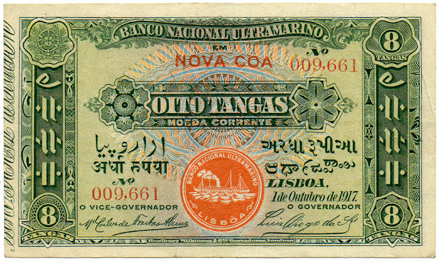 Portuguese India banknotes 8 Tangas note, Banco Nacional Ultramarino